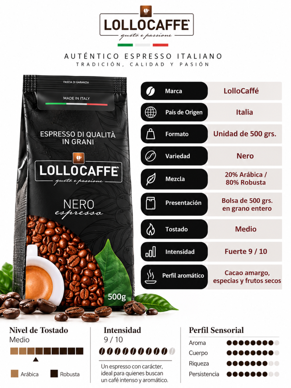 Café en Grano Lollo Caffé Nero Espresso 500 Grs.