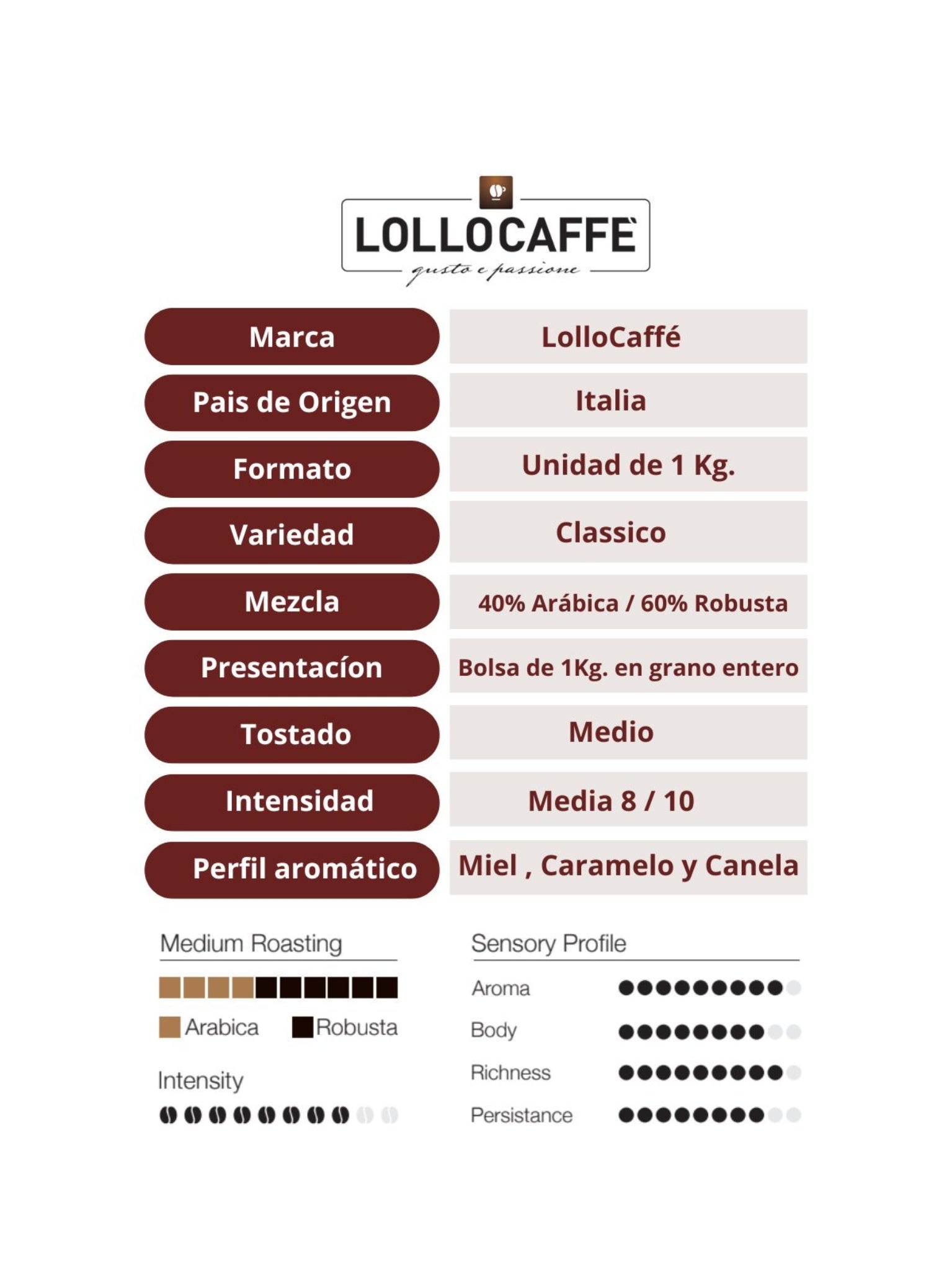 Café en Grano Lollo Caffé Classico Espresso 1Kg - Caja x 6 un.